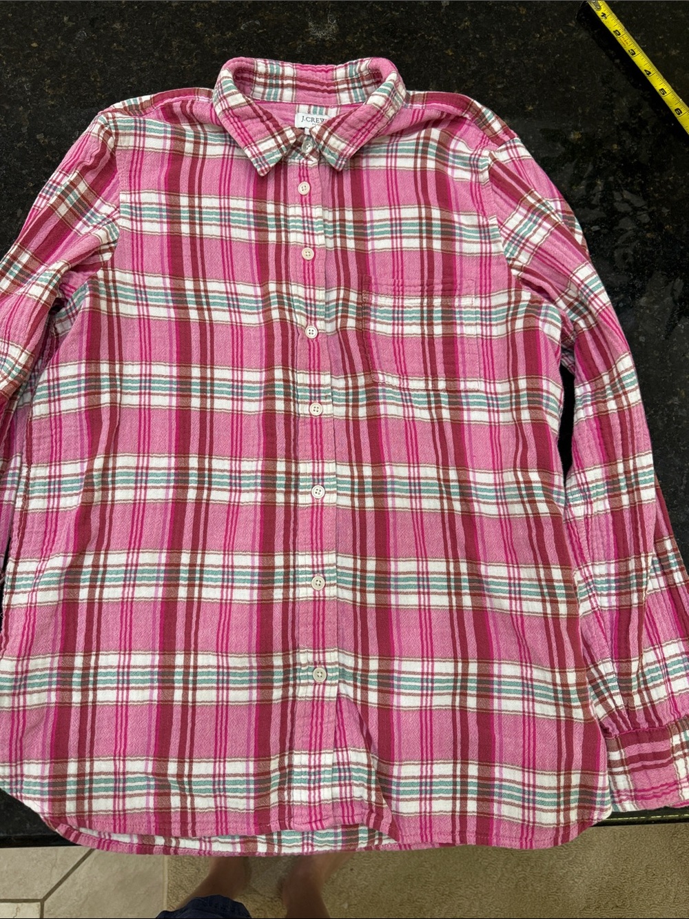 J Crew Hot Pink and White Plaid Button-Front Shirt Lightweight and Gauzy.